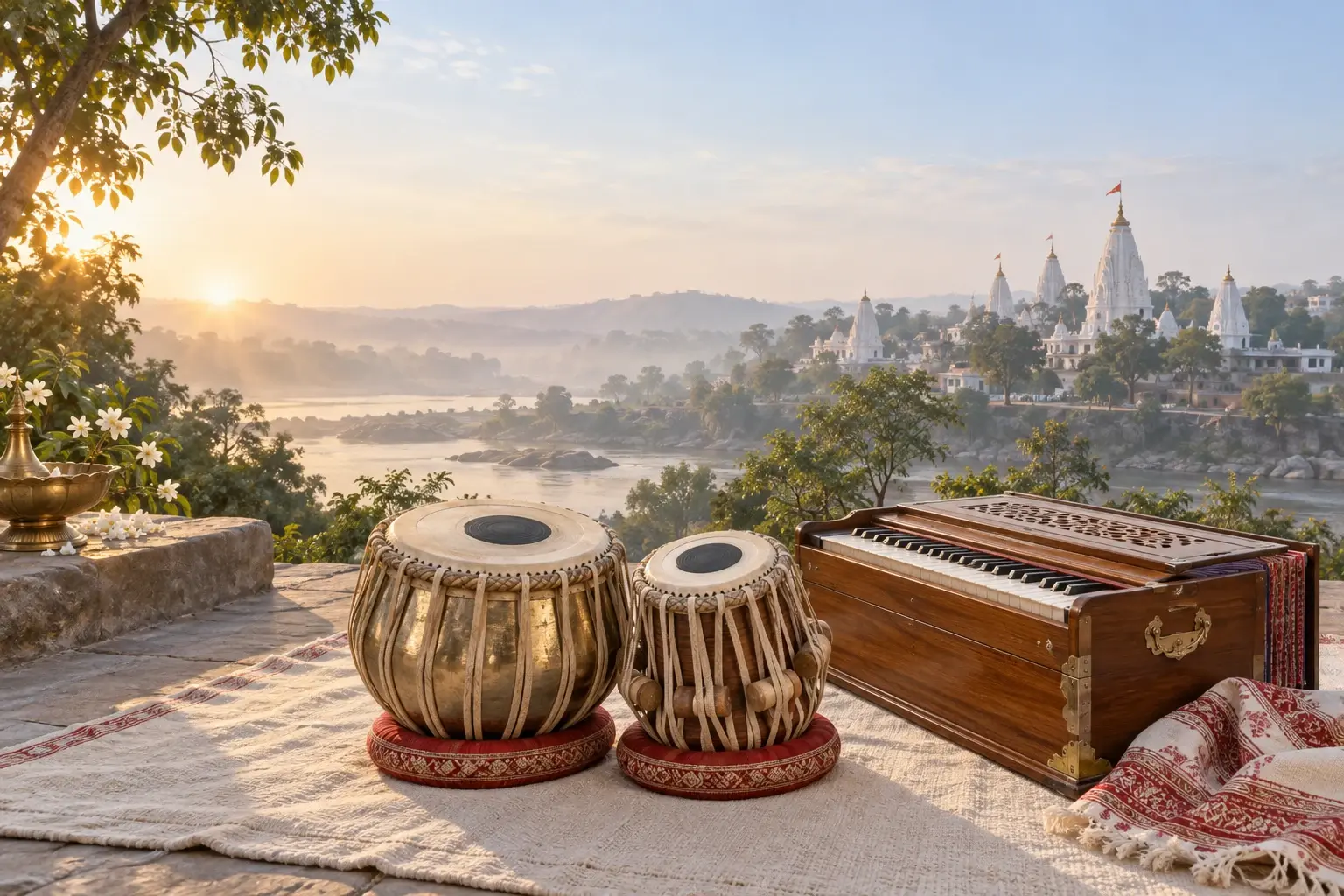 Tabla and harmonium on a cotton rug, with distant temple-inspired architecture lit by morning sun.