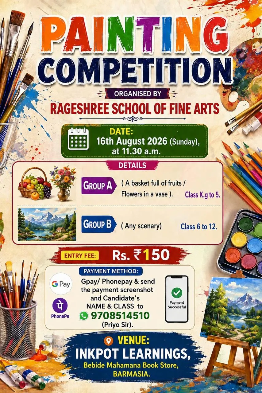 Painting competition poster with paintbrushes, palette and coloured pencils; lists the two age groups, entry fee, venue and contact details.